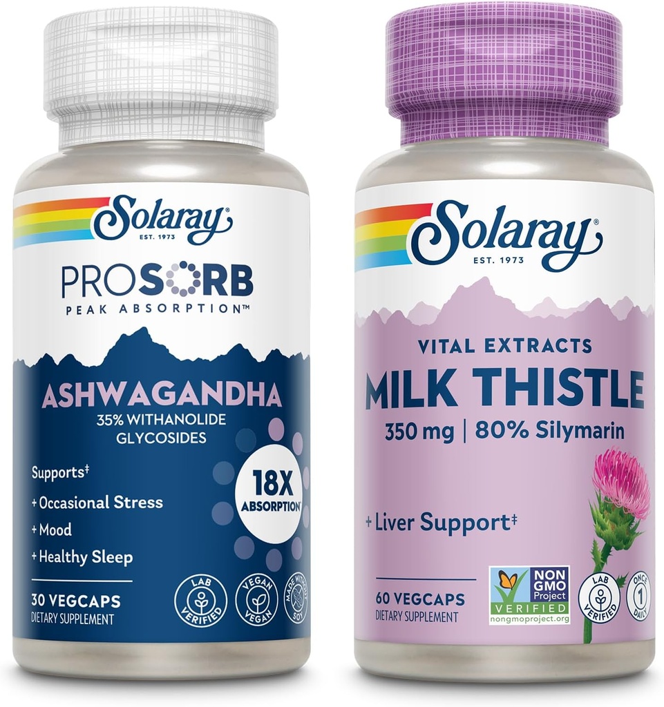 SOLARAY Ashwagandha and Milk Thistle Supplement Bundle, 18X Absorption Ashwagandha Capsules for Mood Support Plus Milk Thistle Extract, Vegan, 60-Day Guarantee, 30ct/60ct