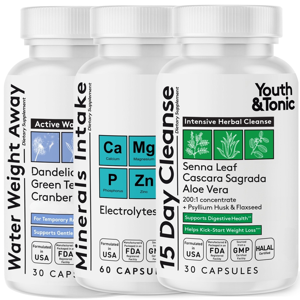 ユース&トニックウォーターウェイトアウェイと15日間のクレンジングバンドル、利尿薬の使用中に水和をサポートする補充電解液でパック