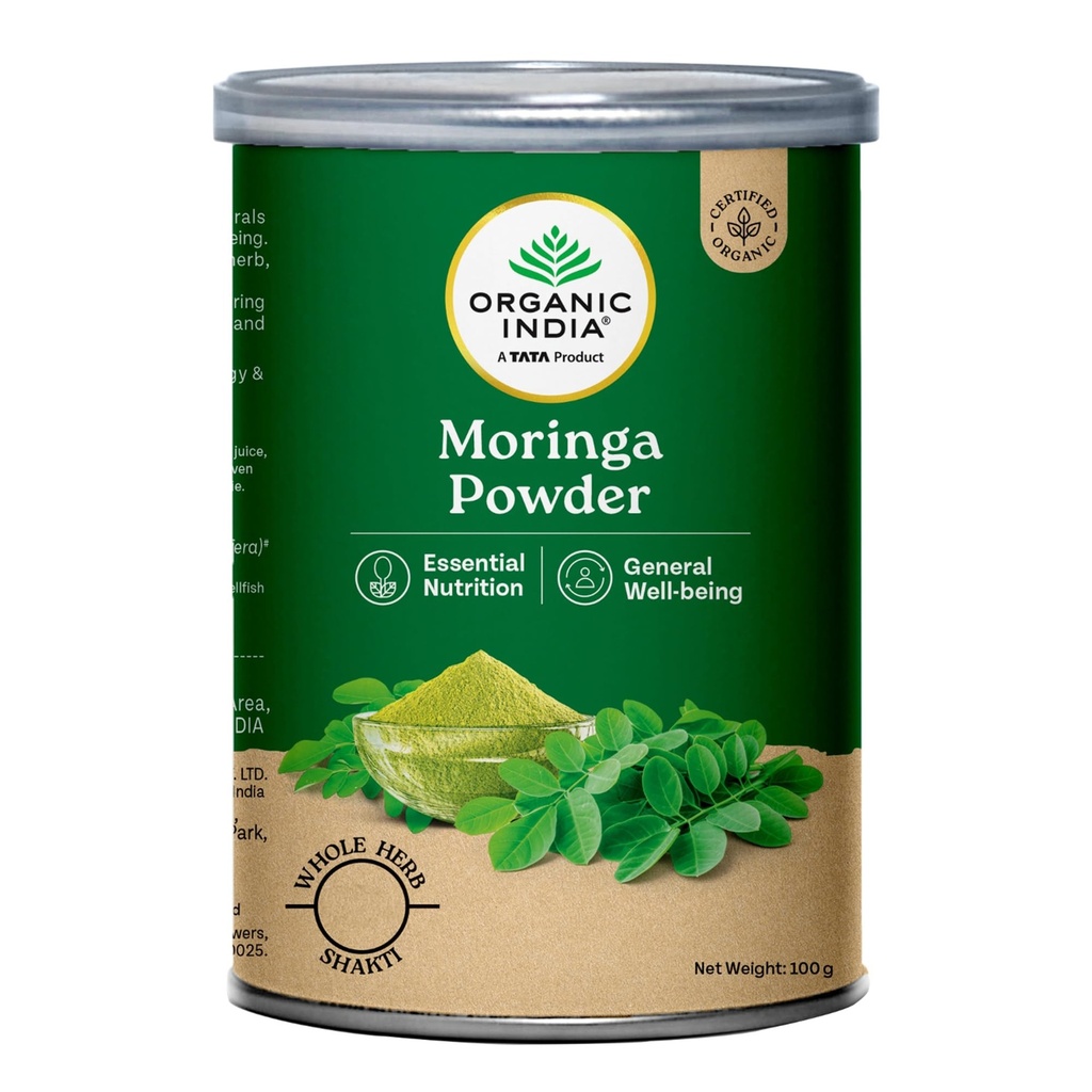 A TATA Product - Organic India Moringa Powder - 100g, Essential Nutrition Superfood, Helps Naturally Boost Energy Levels, Improves Stamina & Vitality, Rich In Vitamins & Minerals
