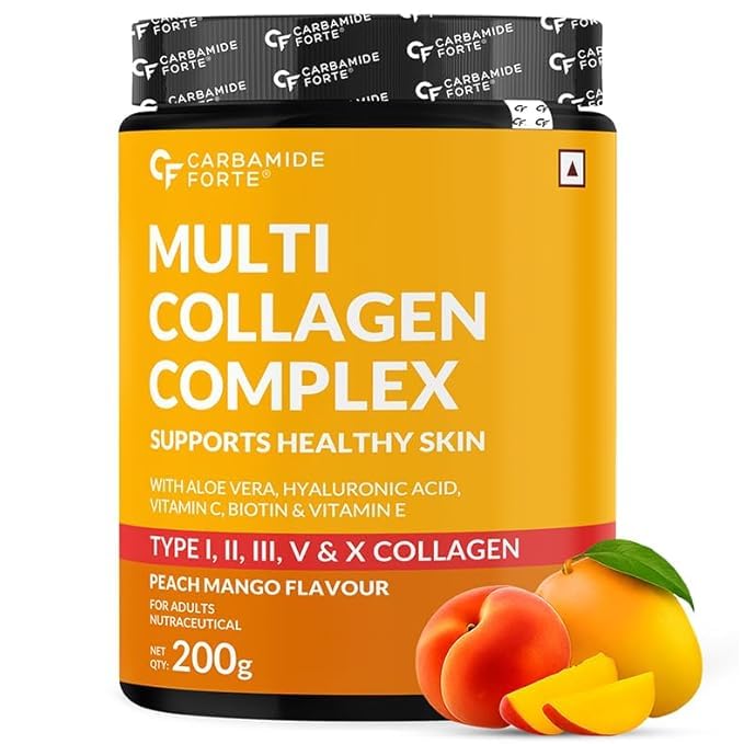 Carbamide Forte Multi Collagen Supplements for Women & Men | Multi Collagen powder with All 5 Types of Peptides Included - TYPE I, II, III, V, X | Peach Mango Flavour - 200g