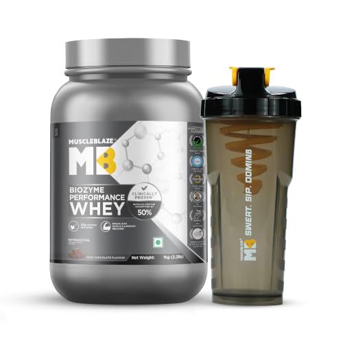MuscleBlaze Biozyme Performance Whey Protein Powder, 1kg (2.2lbs) + Shaker
