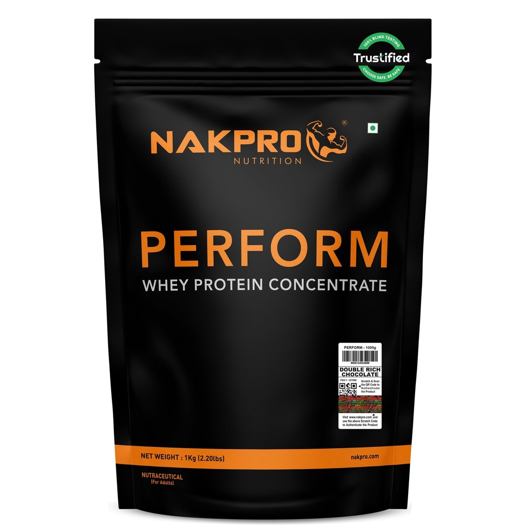 NAKPRO NUTRITION Perform Whey Protein Concentrate | 1kg DoubleRich-Chocolate | 24g Protein, Trustified Certified