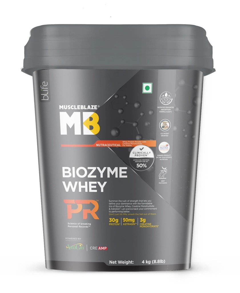MuscleBlaze Biozyme Whey PR Protein Powder, 4kg (8.8lbs)