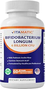 Vitamatic Bifidobacterium Longum 6 Billion CFU per DR カプセル - 60 カウント - 腸の健康を促進 - プレバイオティックインリン繊維で作られた