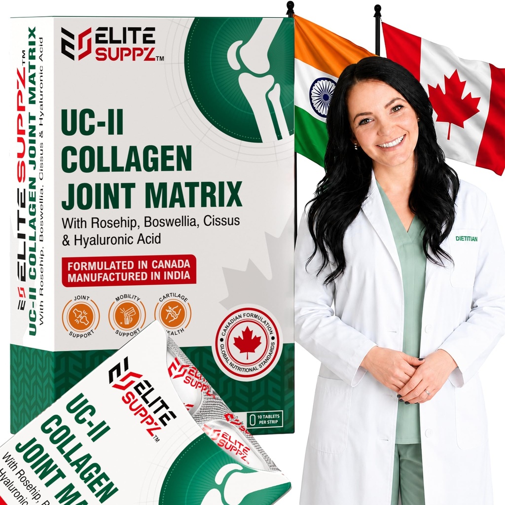 UC-II Collagen Joint Matrix Formulated in Canada | Undenatured Type II Collagen 40mg with Rosehip, Boswellia, Cissus & Hyaluronic Acid | Joint Strength, Flexibility & Mobility Support, 30 Tablets