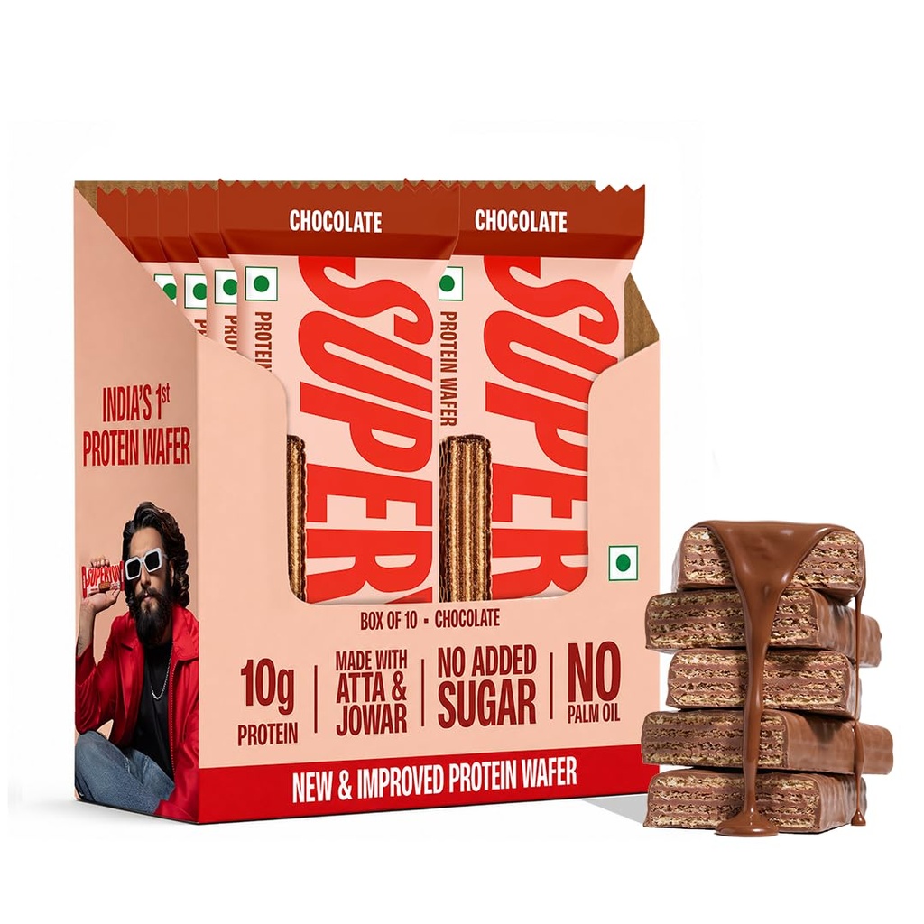 SuperYou Chocolate Protein Wafer Bars (Pack of 10)|10g Protein, 3g Fiber, No Added Sugar|Yeast Fermented Protein|Energy Bars|Crunchy Wafer Bar|100% Vegetarian|No Palm Oil|400g