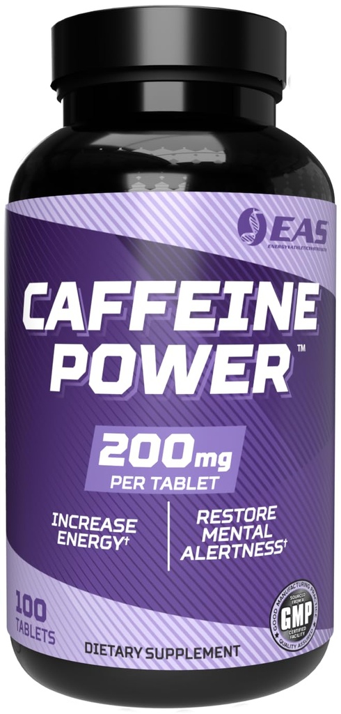 EASカフェインパワー200mg | カフェインピルズサプリメント | 増加エネルギー&リストアメンタルアラート | グルテンフリー・非GMO・ベジタリアン対応 | 100錠