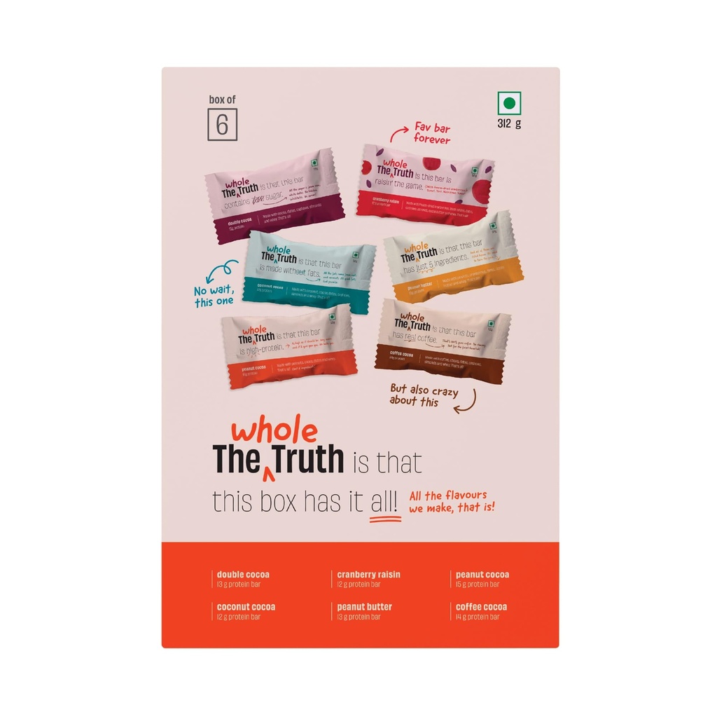 The Whole Truth - Protein Bars | All-in-One | Pack of 6 x 52 g each | No Preservatives | No Artificial Sweeteners | No Gluten or Soy | All Natural Ingredients | Six Different Flavours