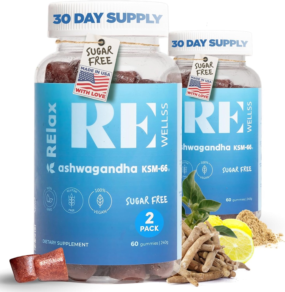 Ashwagandha & Vitamin D Gummies | Dietary Supplements | KSM 66 Ashwagandha for Stress Support 300mg | L-Theanine Lemon Balm | Natural Herbal Non-GMO Sugar Free Gluten & Gelatin Free | 2 Pack