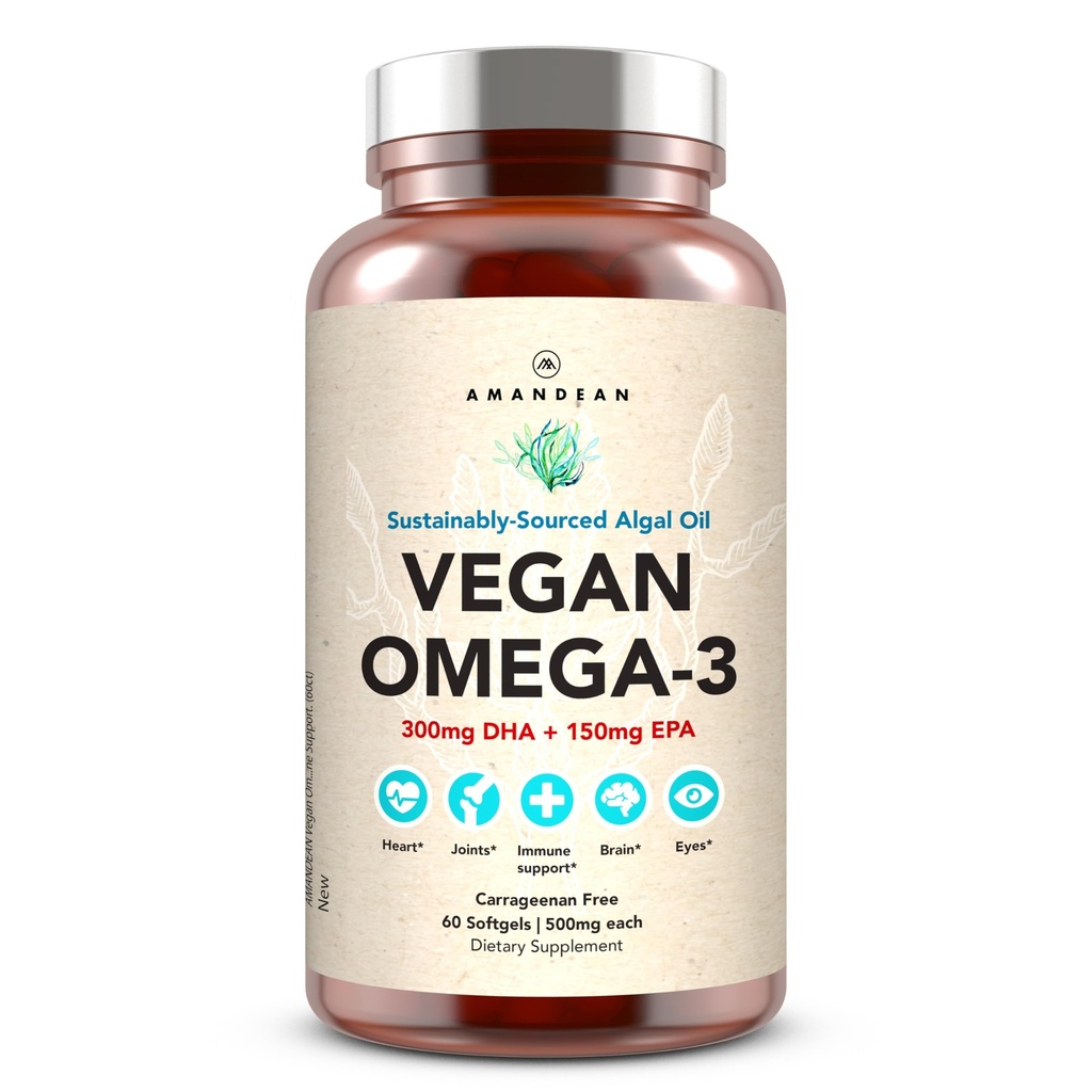 AMANDEANビーガンオメガ3サプリメント。 プレミアム魚油代替。 Algae DHAとEPA。 カラギーナン無料Softgels. アルガルエッセンシャル脂肪酸。 植物は中心、頭脳、目、皮、免疫サポートを基づかせていました。(60ct)