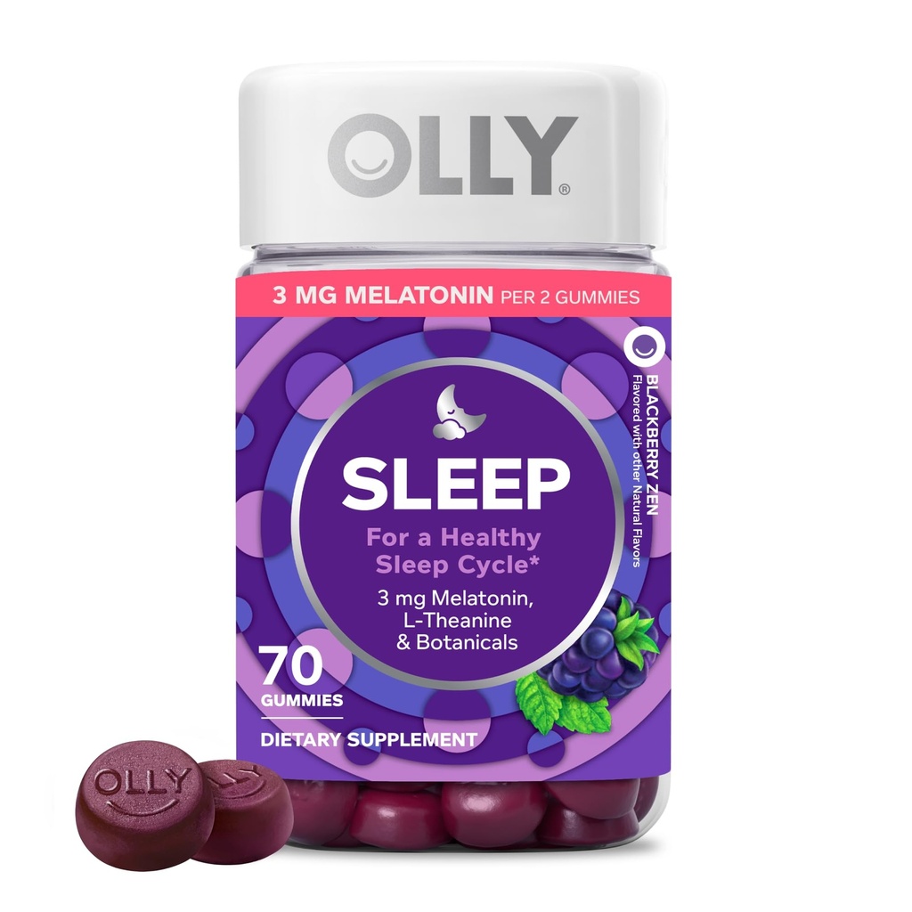 OLLYスリープガミー、3mgメラトニン、L-テアニン、カモミール、レモンバーム、睡眠エイド、ブラックベリー - 70カウント