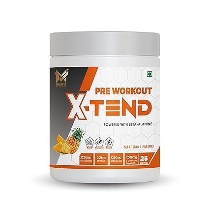MUSFIT X-Tend Pre Workout 250gm | Shaker Bottle Free Pack of 1 (Pineapple)