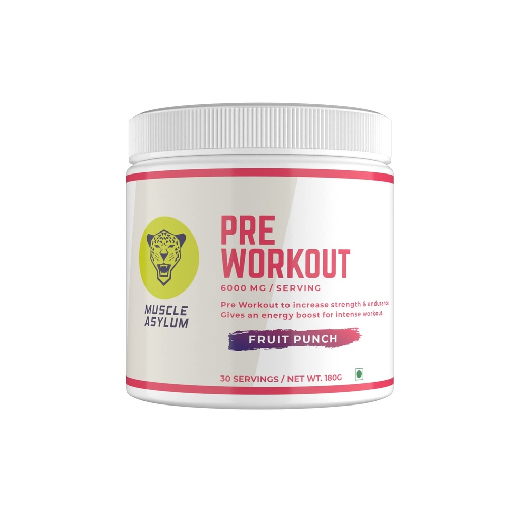 Muscle Asylum Pre Workout Powder for Men & Women – Fruit Punch Flavor | Energy & Endurance Booster for Gym Workout | 6000mg Performance Blend | Improves Focus, Strength & Stamina | 30 Servings (180g)