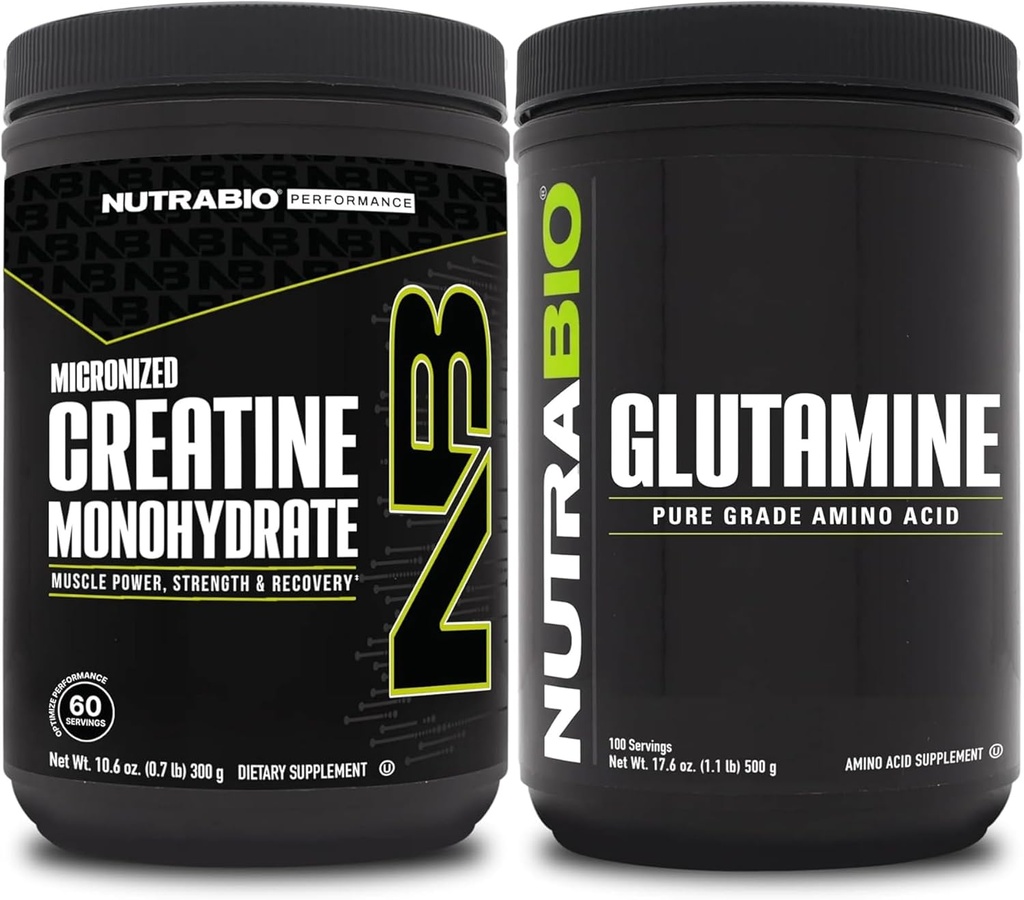 NutraBio Creatine Monohydrate Supplement, Unflavored, (300g) and L-Glutamine Powder, (500g) – Workout Supplement Bundles Supports Muscle Energy, Recovery, and Strength