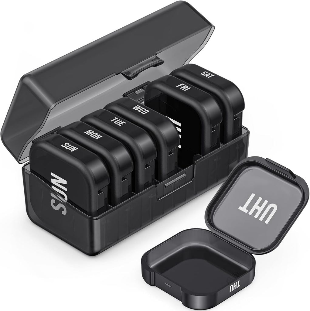 PULIVは7つの大きく分けられたコンパートメント、ポケットのための携帯用Pill箱7日の毎日の丸薬のオルガナイザー、大きいビタミン、魚油(黒)のための二重保護の関節炎-Friendlyの薬物のオルガナイザーを分けます