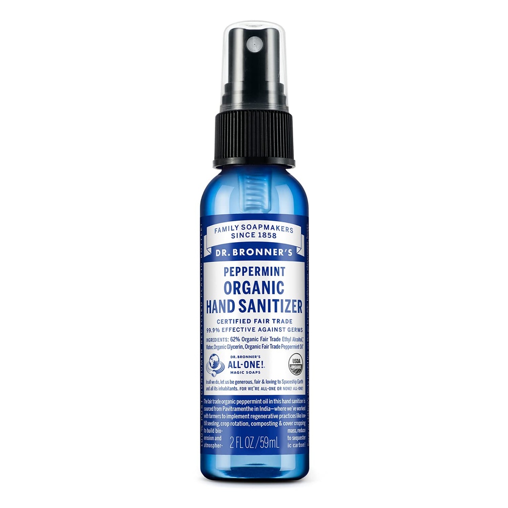 Dr. Bronner's - オーガニックハンドサニタイザースプレー(ペプパーミント、2オンス) - シンプルで効果的なフォーミュラ、クレンジング&サンライズ、ハーシュケミカル、保湿剤、清潔な手