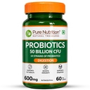 Pure Nutrition Probiotic Supplement, 50 Billion CFU, 60 Veg Capsules | 14 Strains of Live Cultures (600mg) | Supports Gut Health, Improves Digestion, Enhances Nutrient Absorption & Boosts Immunity | Vegan