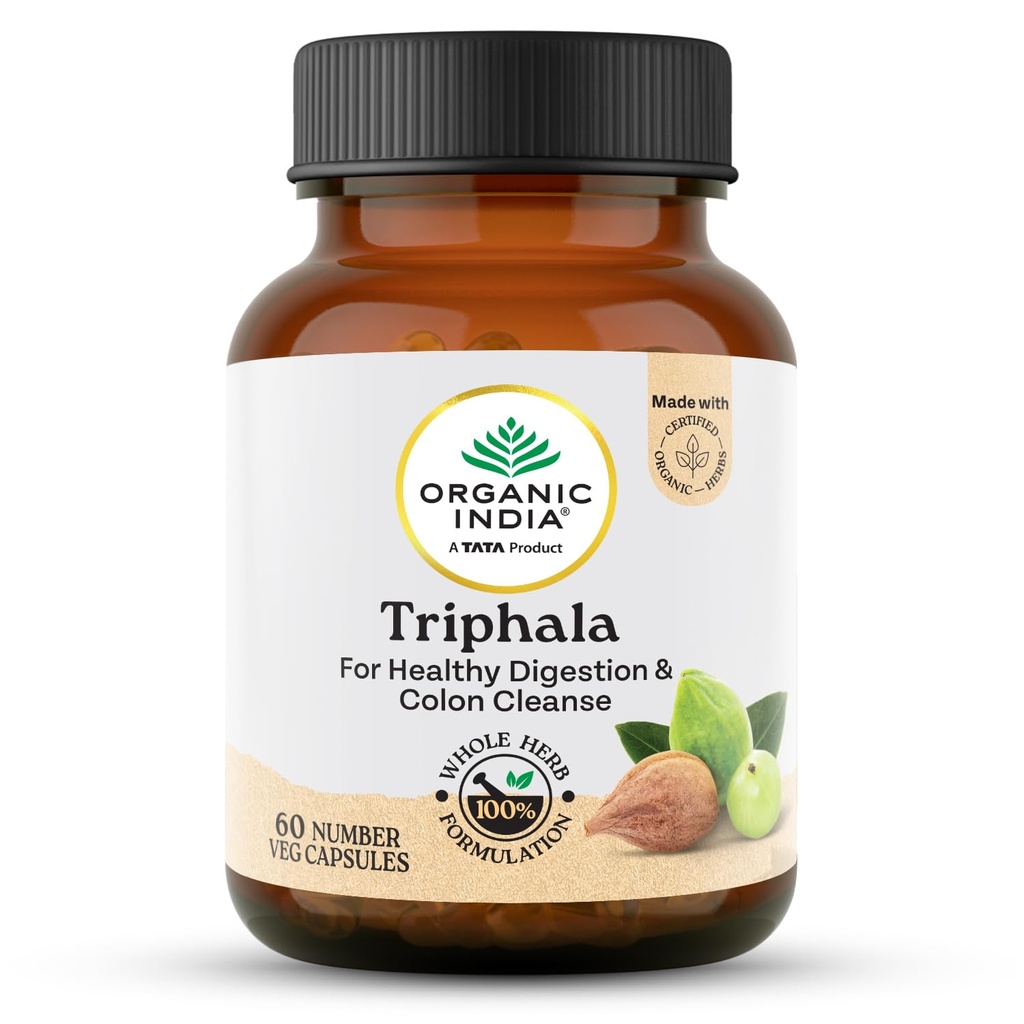 A TATA Product - Organic India Triphala Capsules - 60 Caps, Supports Immune System, Colon & Digestion, Balanced Bowel & Gut Health, Contains Bioactives and Antioxidants, GMP & NPOP Certified Organic