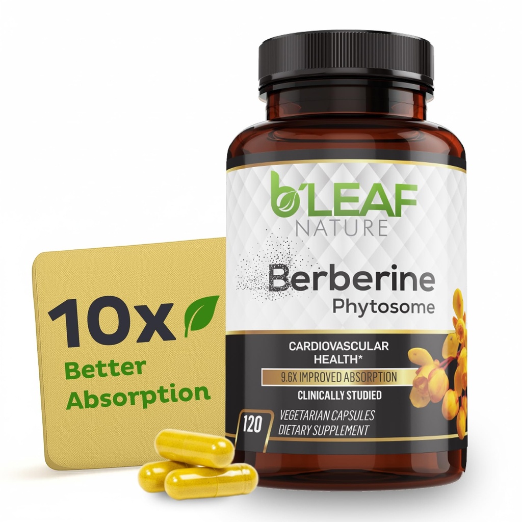 B'Leaf Nature Berberine Phytosome、120カプセル - 1100 mgのBerberineサプリメント メタボリックと心血管サポート - ビーガン、グルテンフリー、非GMO Berberine Phytosomeカプセル 免疫ウェルネス用