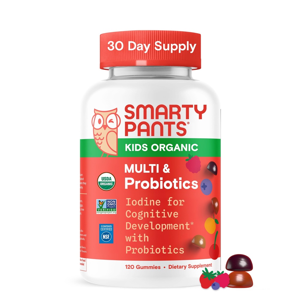 SmartyPants Organic Kids Multivitamin Gummies: プロバイオティクス、オメガ3(ALA)、ビタミンD3、C、ビタミンB12、B6、A、免疫サポートのためのK&亜鉛、ビオチン、3フルーツ味、120カウント(30日の供給)