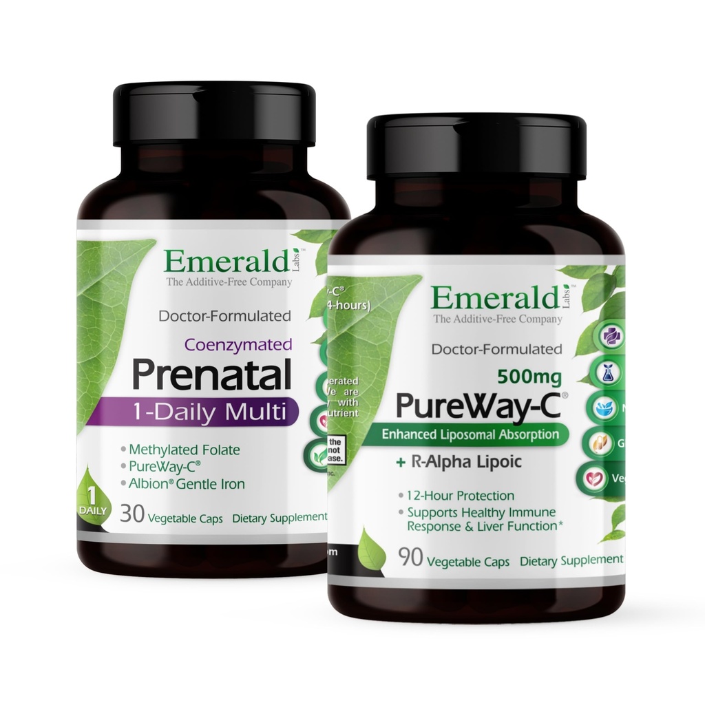 エメラルドラボは、プレナタル1-Dailyマルチ(60ベジーキャップ)とPureWay-C(90ベジーキャップ)のバンドル - メチル化された葉酸、鉄&その他とプレナタルマルチビタミン - Rアルファリポ酸とビタミンCサプリメント*