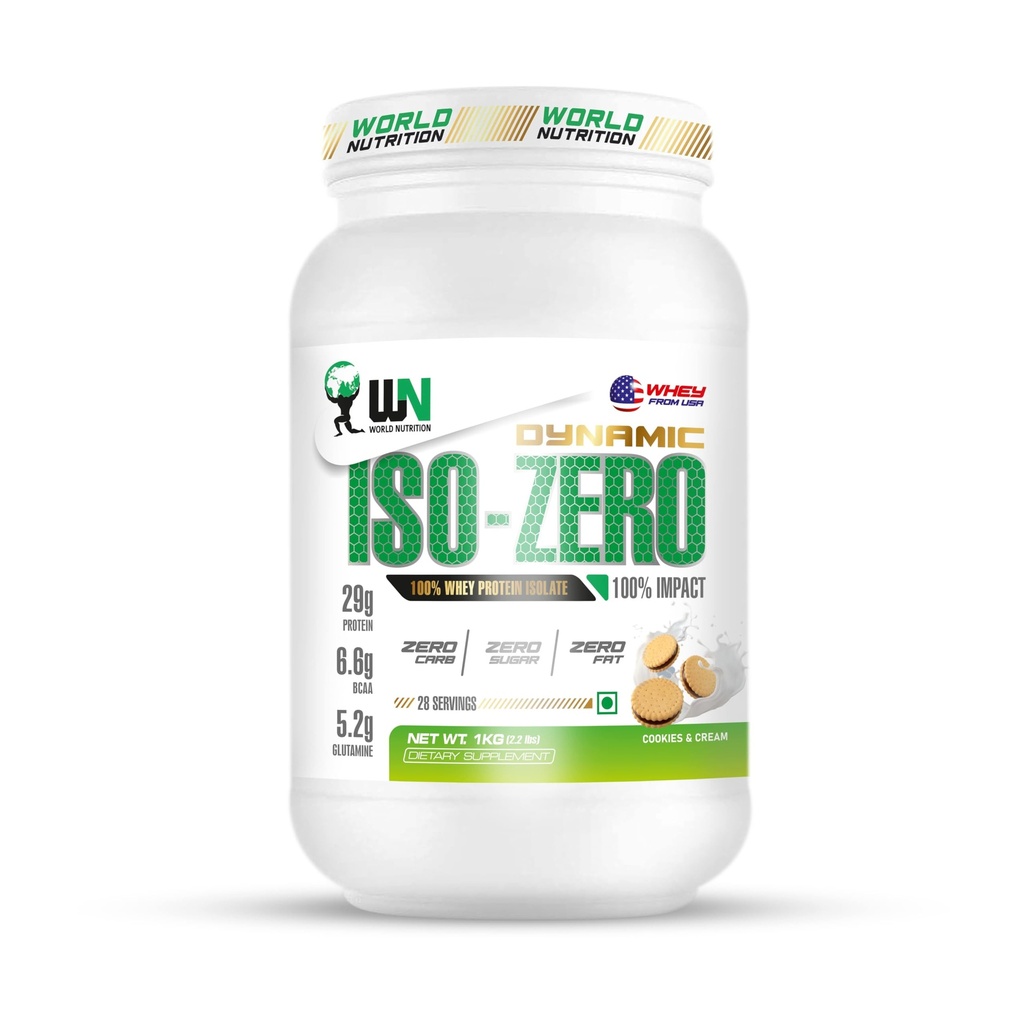 Dynamic ISO-Zero Whey Protein Isolate Powder | 29g Protein, 6.6g BCAA, 5.2g Glutamine | Zero Carb, Zero Sugar | Lean Muscle Building & Post Workout Recovery | Cookies Cream - 1Kg