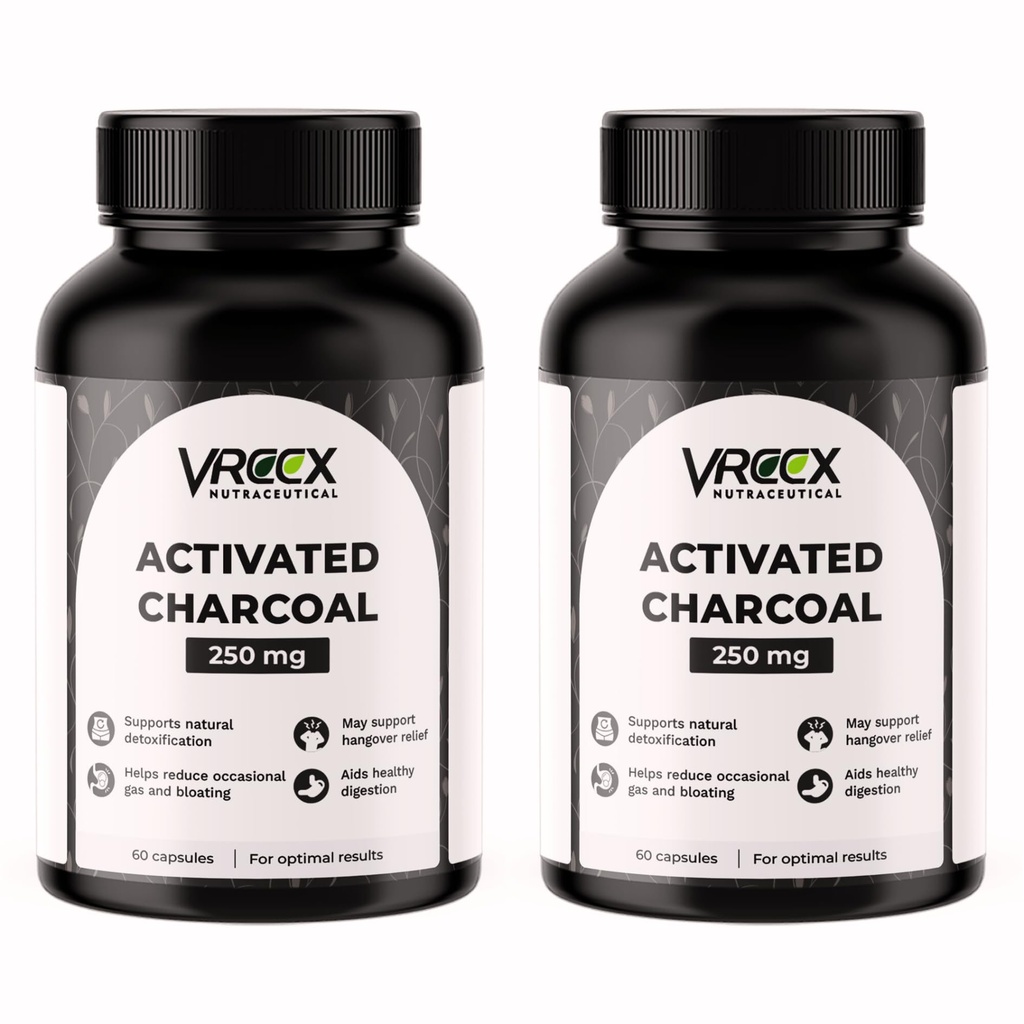 VREEX Activated Charcoal 250 mg – Supports Natural Detox, Helps Reduce Gas & Bloating and Digestive Cleanse- 60 Veg Capsules (Pack of 2)