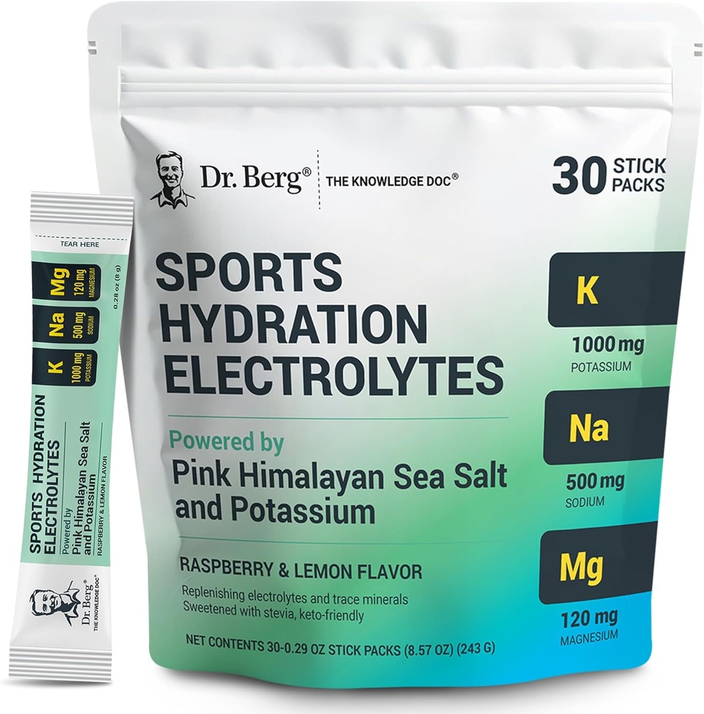 Dr. Berg Sports Hydration Electrolytes パウダー w/more ソルト (ピンク Himalayan) - 30 Keto Electrolytes パウダー パケット w/a デリケート ソルティー ラズベリー & レモン 味 - 1,000 mg のカリウムが含まれています
