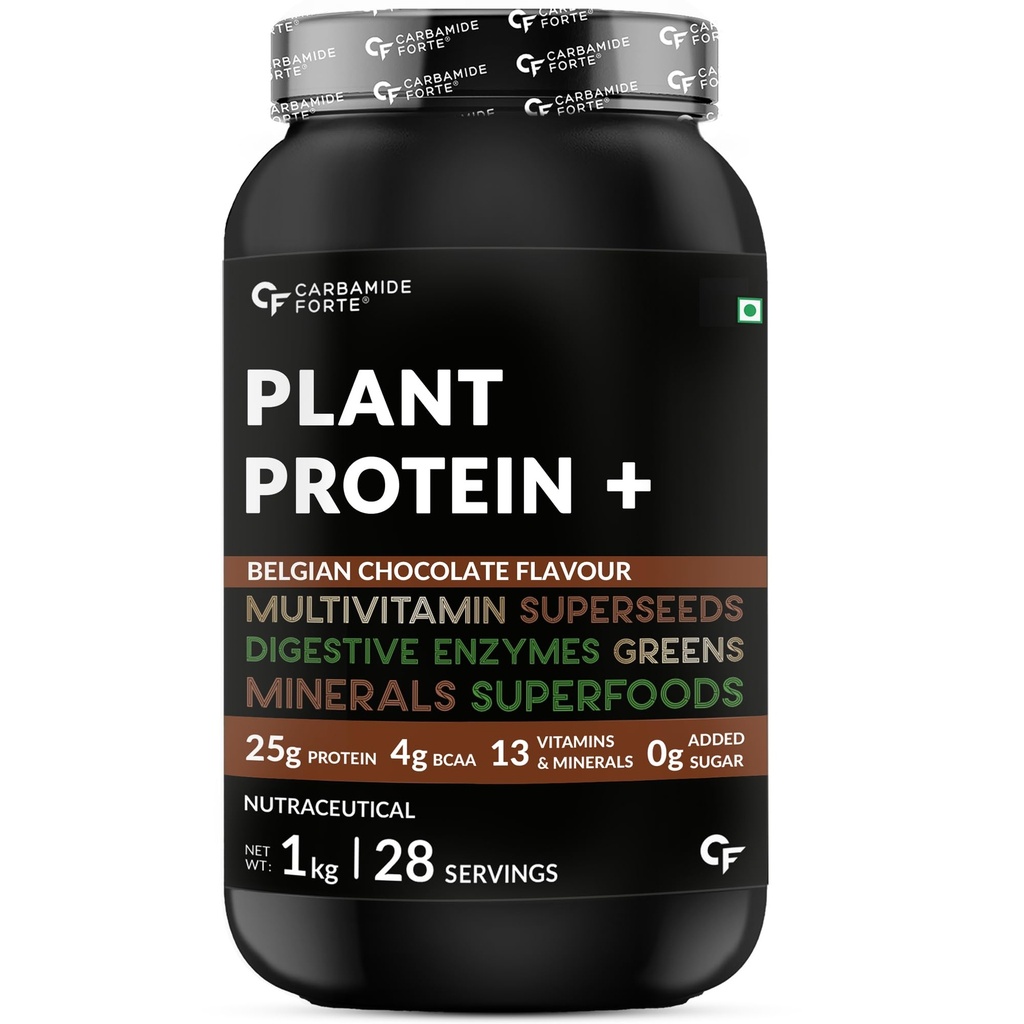 Carbamide Forte Plant Protein Powder For Men - Plant Based Protein Powder with Multivitamin, Minerals, Superfoods, Pea Protein, Digestive Enzymes - Belgian Chocolate Flavour - 1kg