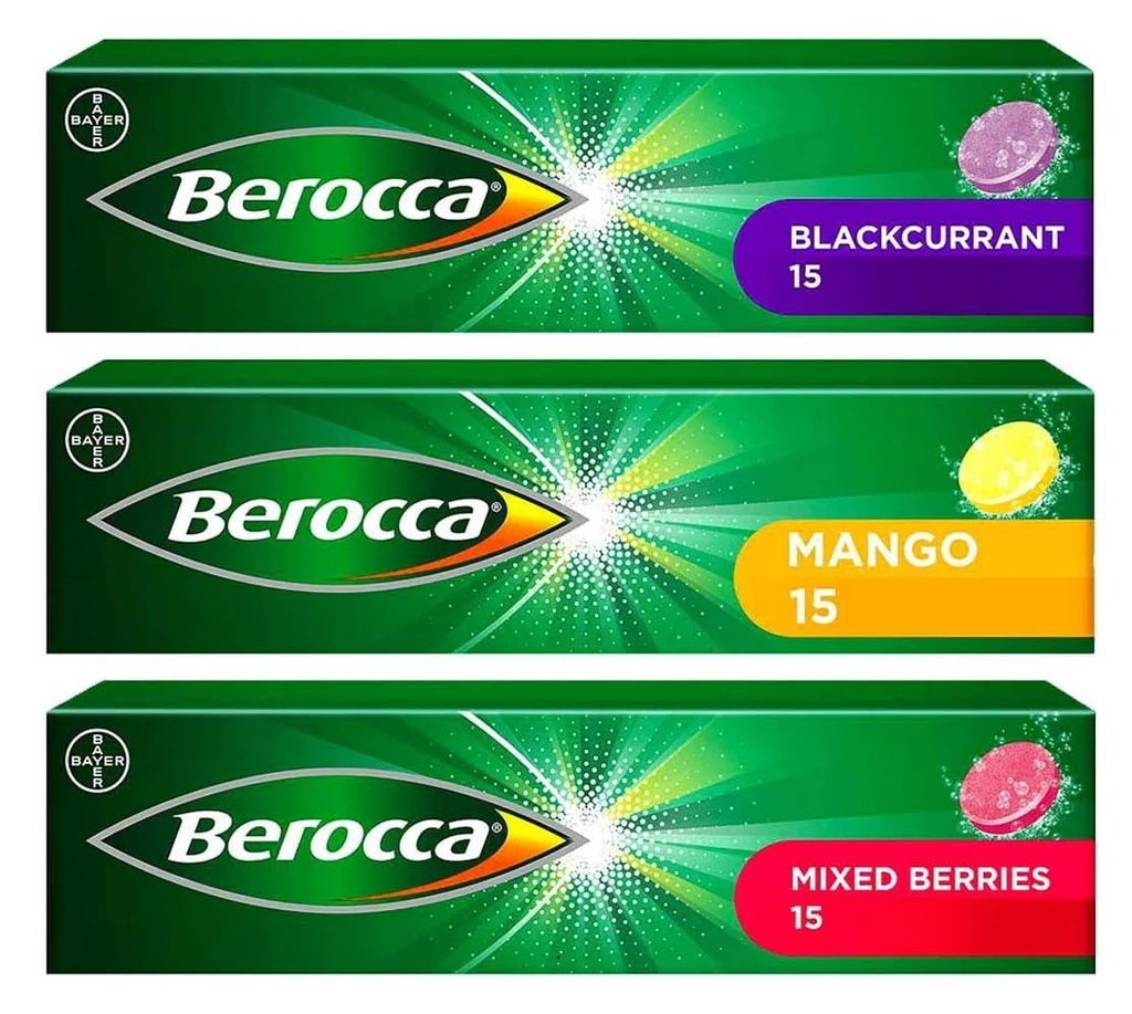 Berocca Effervescent Tablets, Blackcurrant, Mango, and Mixed Berries Flavours, Helps Reduce Tiredness and Fatigue While Supporting the Immune System, Each 15 Count X 3 Pack (From UK) By DECADENT
