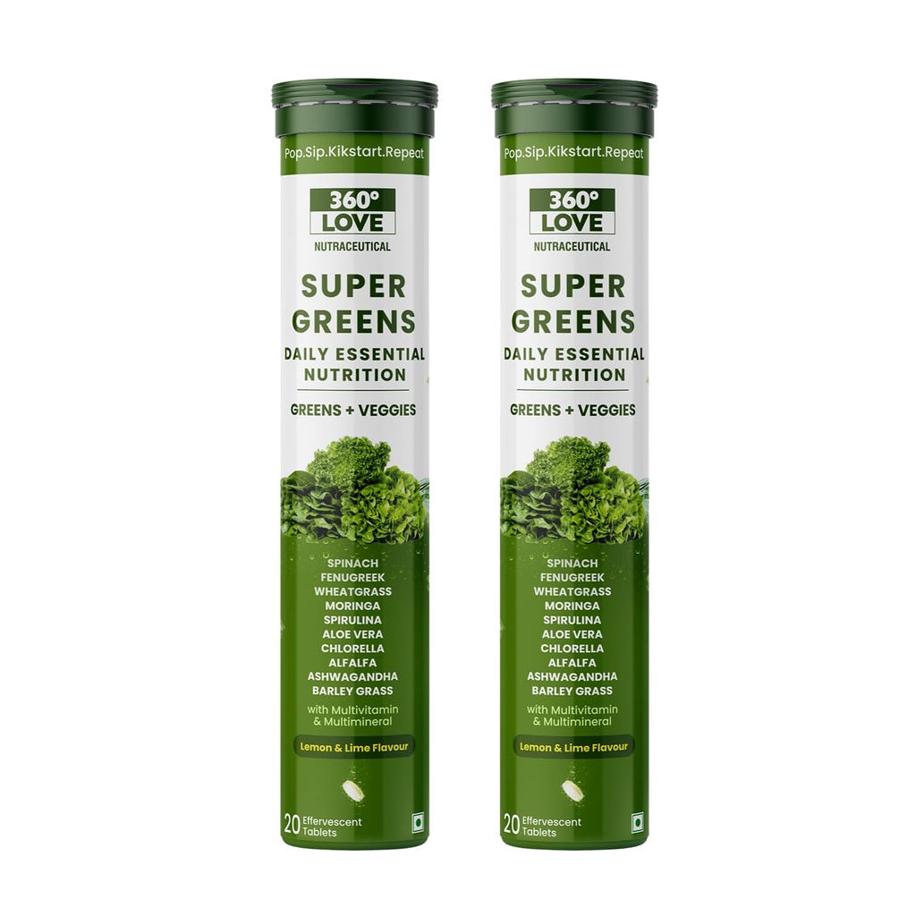 Super Greens Effervescent Tablets | Daily Nutrition with Greens & Veggies | Wheatgrass, Moringa, Ashwagandha & Aloe Vera Blend | Multivitamin Support | Lemon Lime Flavour | 20 Tablets | Pack of 2