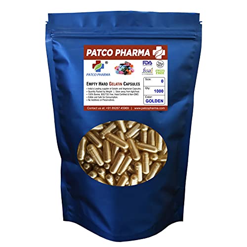Patco Pharma - Size 0 Golden Empty Gelatin Pill Capsule - Gluten Free/Halal Certified | DIY Powder Filling (Pack of 1000)