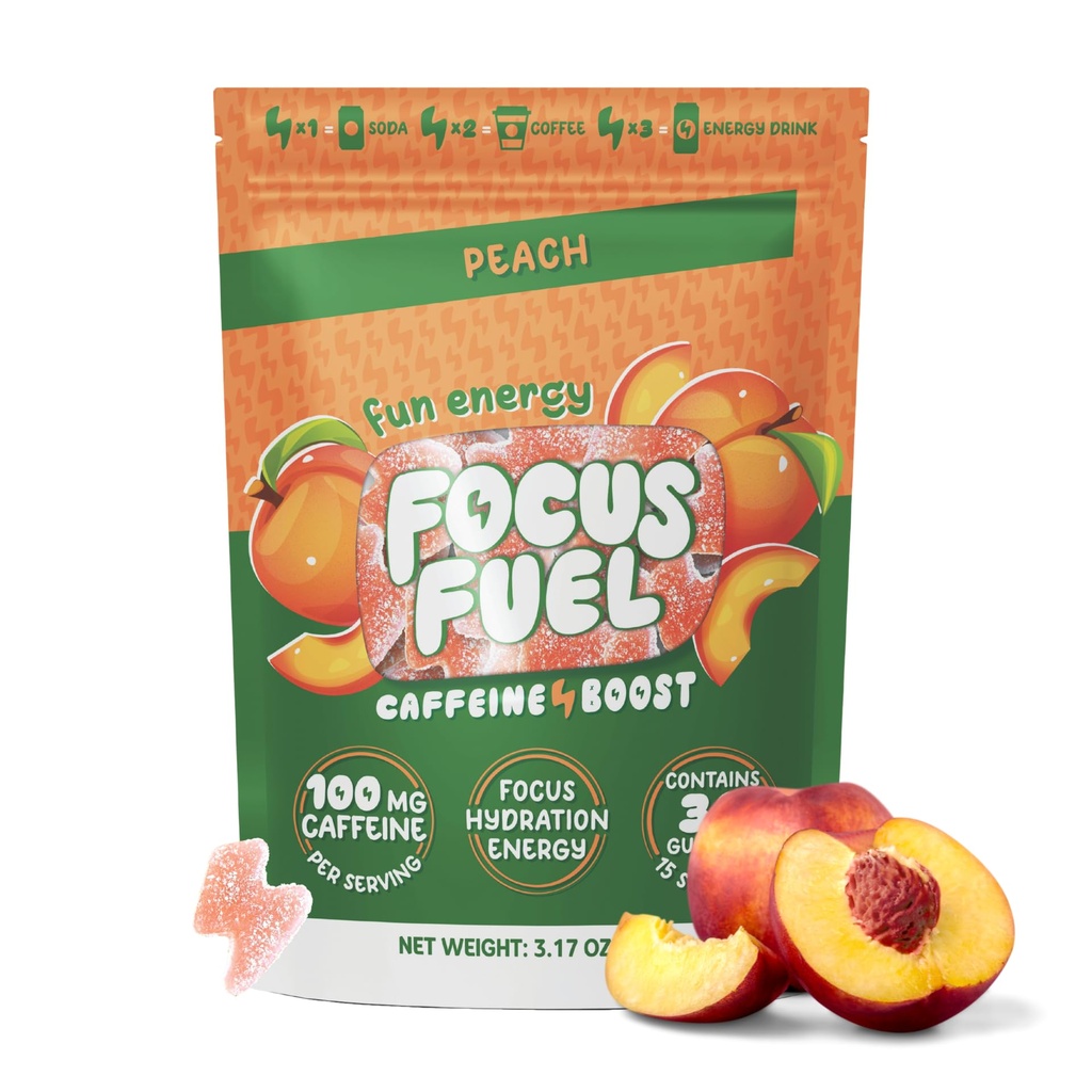 FocusFuel Energy Chews - ピーチフレーバー(15サービング) - 100mgカフェイン+アルファGPC + L-テアニン+ B12、マグネシウム - 滑らかな焦点とエネルギー - クラッシュまたはジッターなし