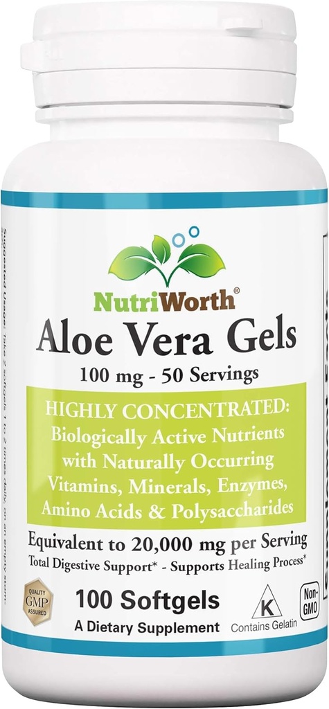 Aloe Vera Supplement (100 Softgels) 20,000mg Pure Gel Equivalency – Made with Organic Aloe Vera