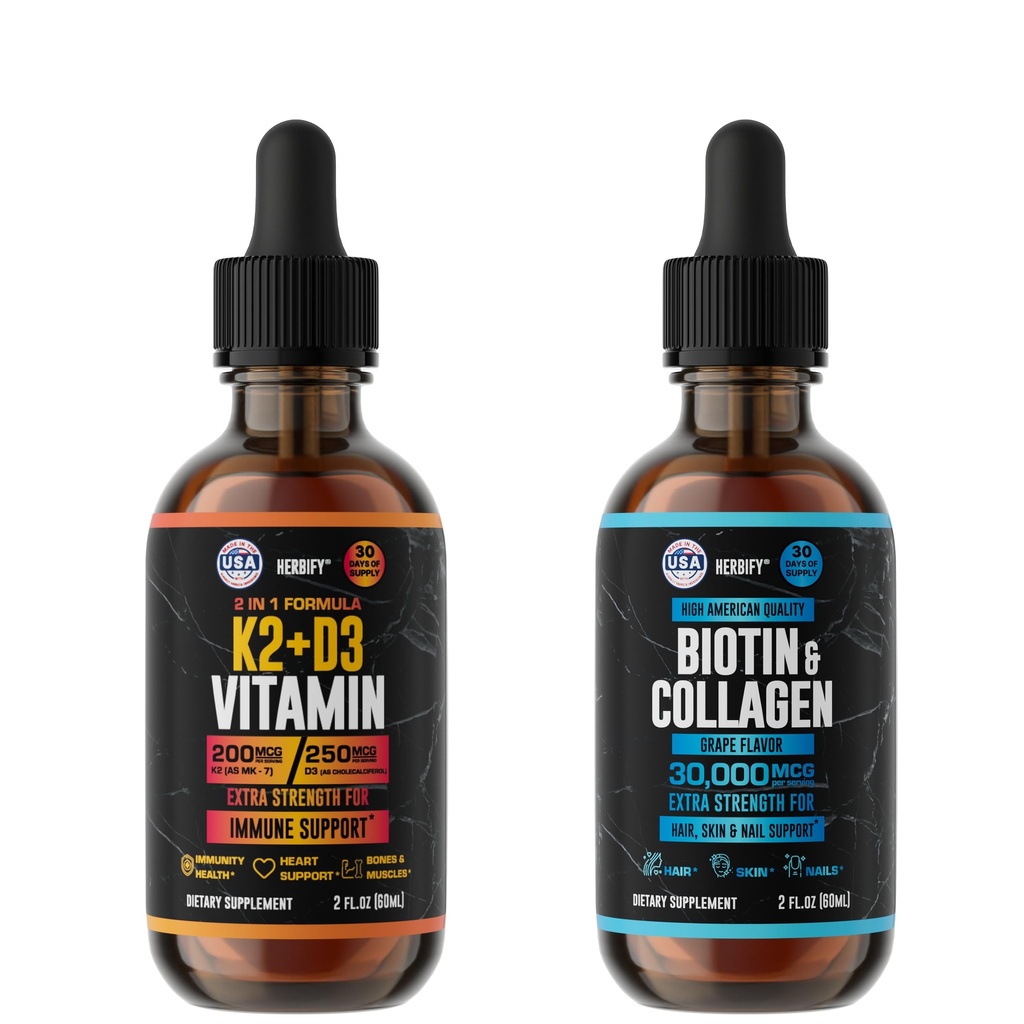 HERBIFY Bundle - K2 and D3 Drops & Biotin and Collagen Drops - Bone Strength & Hair, Skin, Nails Support
