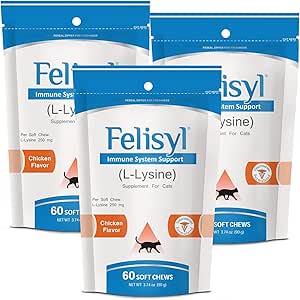 L-Lysine Soft Chews for Cat (60 Soft Chews) - 免疫、呼吸器、眼の健康をサポートします。 なめらかで、鼻の鼻、水目。 おいしいサーモン風味 - (3パック)