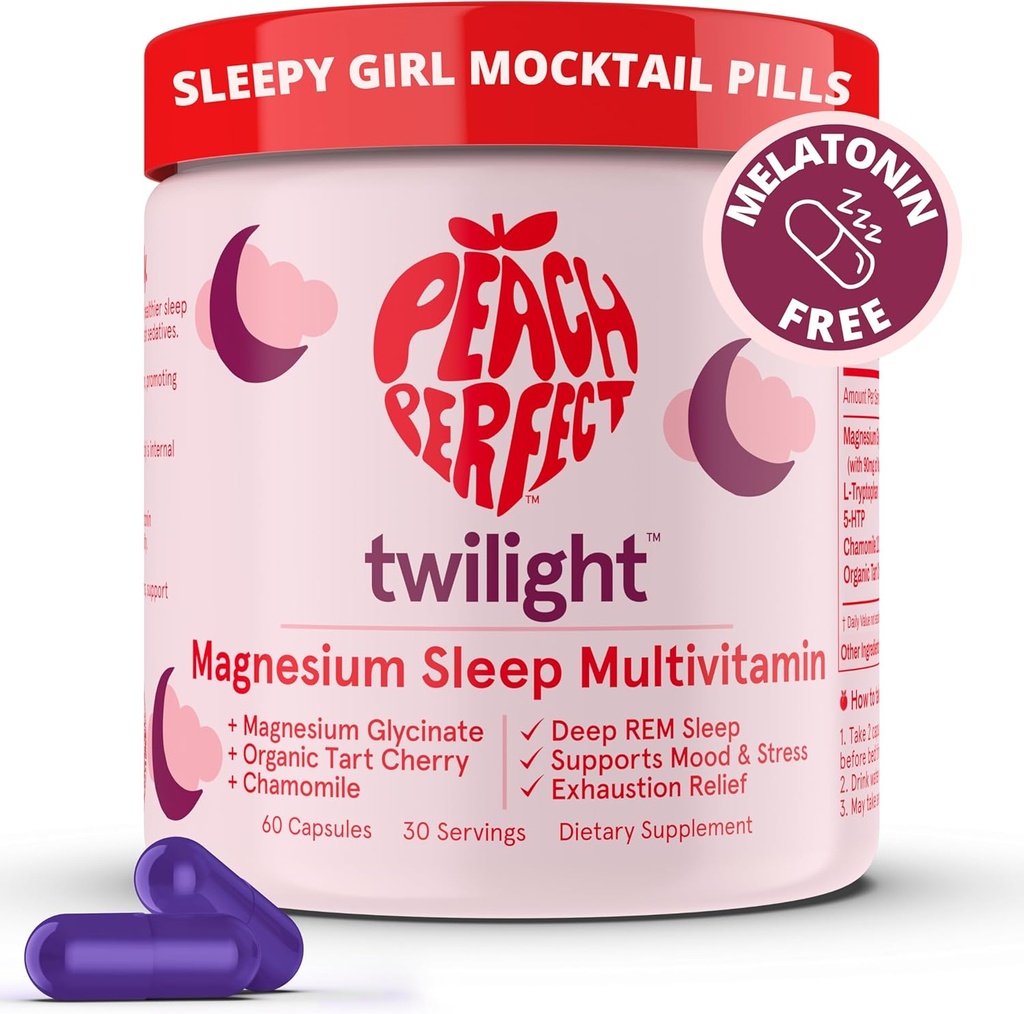 ピーチパーフェクト Twilight マグネシウム Glycinate Sleep Multivitamin マグネシウムサプリメント with Organic Tart Cherry, Chamomile, 5-HTP, L-Tryptophan, Natural Sleepy Girl Mocktail, 60カプセル, 30サービング