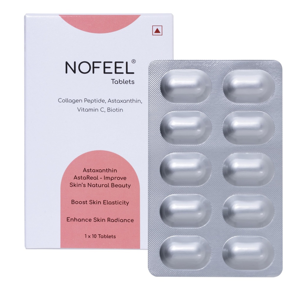Nofeel Hydrolyzed Marine Collagen (Type I & Type III) Tablets with Astaxanthin, Biotin and Vitamin C for Men & Women, Reduce Wrinkles & Fine Lines, For Hair Growth & Healthy Skin, 1 Strip (10 Tablets)