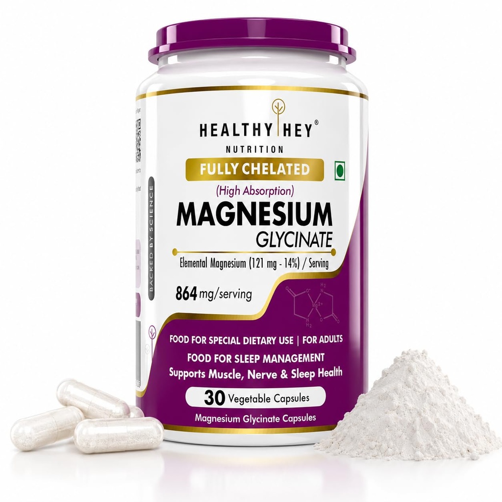 HealthyHey Nutrition Magnesium Glycinate 14% Fully Chelated Supplement High Absorption for Sleep, Cramps, & Nerves Health - 30 Vegetable Capsules
