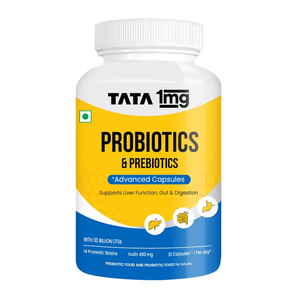 Tata 1mg Probiotics 30 Billion CFUs+ Capsules with Prebiotic Fiber- 30 Count | Gut Health & Digestion Support Supplement | For Men & Women