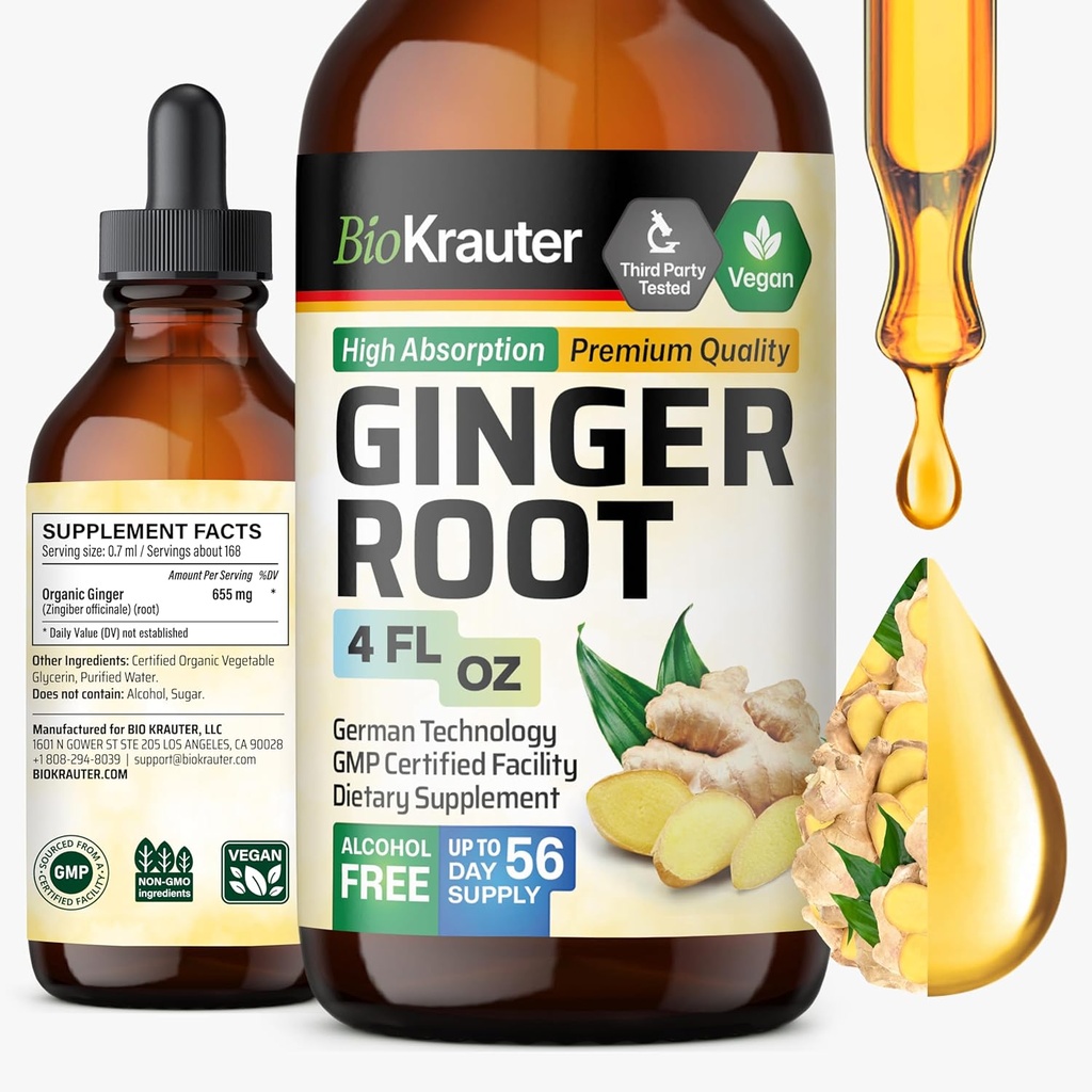 BIO KRAUTER Ginger Root Extract - 全体的なウェルネスのための天然ジンジャーサプリメント - アルコールと砂糖無料 - ビーガンドロップス4 Fl.Oz.