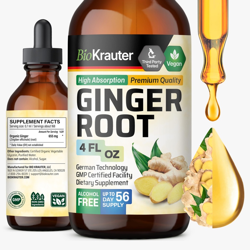 BIO KRAUTER Ginger Root Extract - 全体的なウェルネスのための天然ジンジャーサプリメント - アルコールと砂糖無料 - ビーガンドロップス4 Fl.Oz.