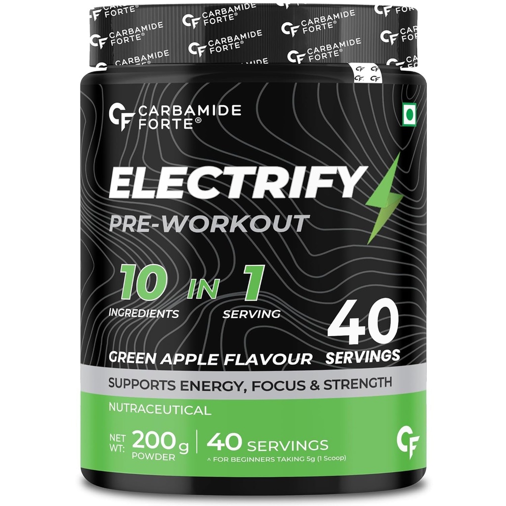 Carbamide Forte Pre Workout For Men & Women | Pre Workout Supplement For Men & Women For Energy, Focus & Strength | Pre-Workout Supplements For Gym | GreenApple Flavor - 200g