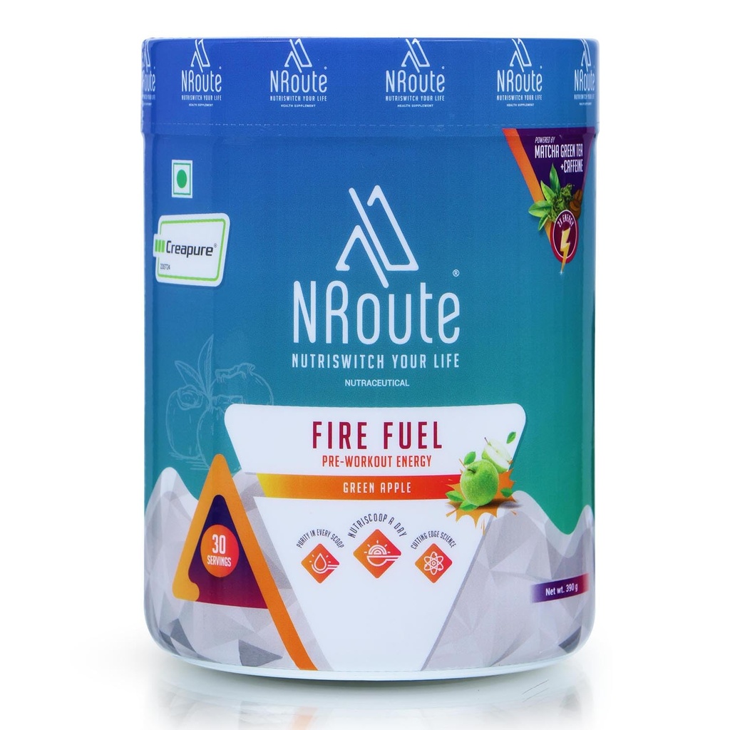 NRoute Firefuel Preworkout Energy Powder with Beta Alanin Caffeine L-Citrulline L-Arginine Creapure Electrolyte Blend & Matcha Green Tea Extract for Strength & Workout Performance Greenapple 390gm