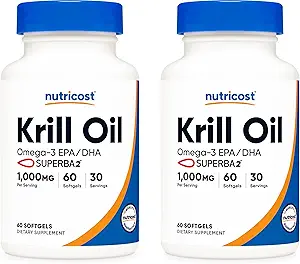 Nutricost Krill オイル 1000mg; 60 の液体のSoftgels (2 本のびん) - Omega-3 EPA-DHA