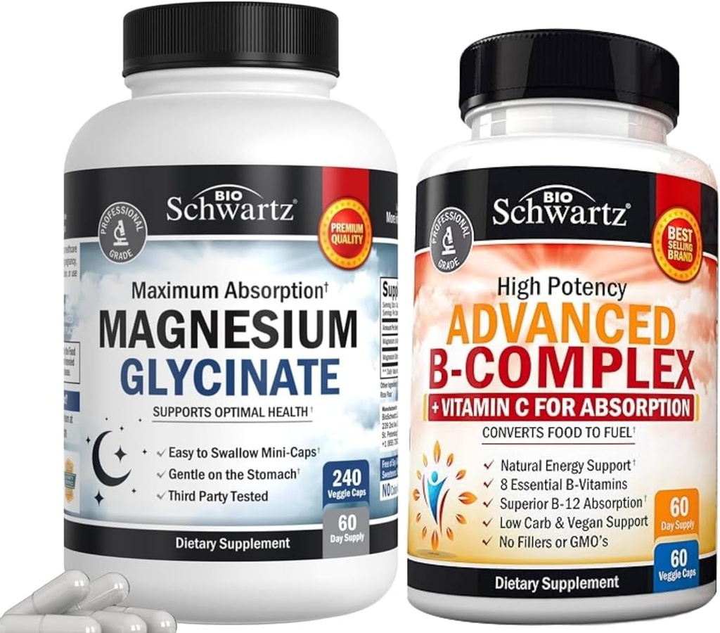 BioSchwartz High Absorption Magnesium Glycinate 500mg Capsules (2 Month Supply) Plus Vitamin B Complex with Vitamin C (2 Month Supply)