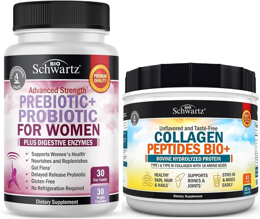 BioSchwartzの加水分解されたコラーゲンのペプチッド粉(40+のサービング)プラスのプレバイオティクスおよび女性のDigestiveの酵素が付いているプロバイオティクス(1か月の供給)