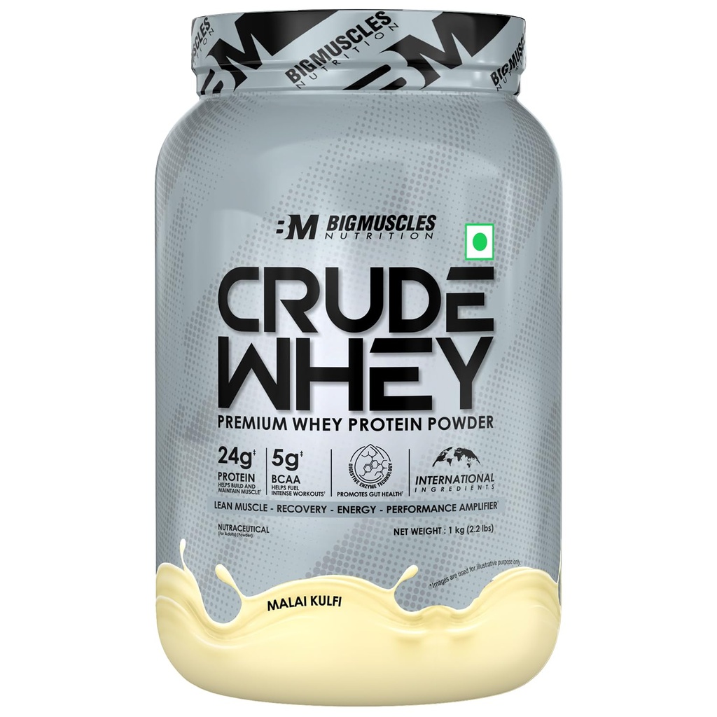 Bigmuscles Nutrition Crude Whey (Malai Kulfi) 1kg | US FDA REGD. BRAND | 24g Protein, 5.5g BCAA, 4 g Glutamine