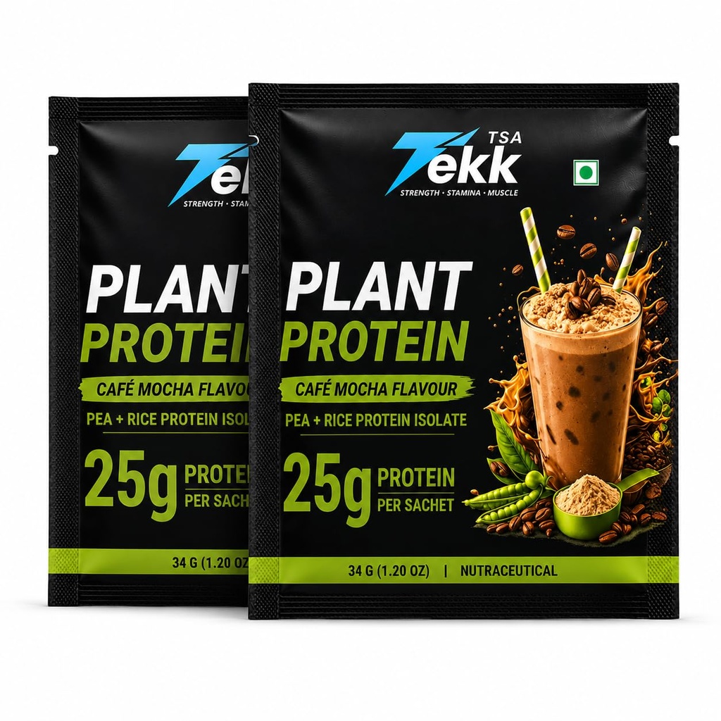 TSA Tekk Plant Protein Powder, Café Mocha Flavour, Pea & Rice Protein Isolate, 21g Protein Per Serving, 100% Vegan, 34 gram each sachets, Pack of 2