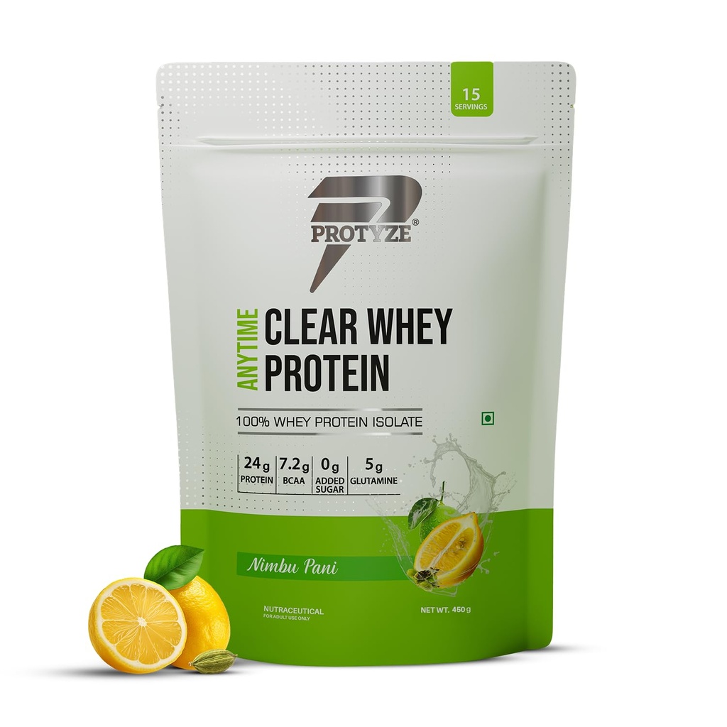 Protyze Anytime Clear Whey Protein Isolate | 24g Protein Per Scoop | Nimbu Pani, 15 Servings | ISO & HACCP Certified | Lean Muscle Growth, Easy Digestion & Refreshing